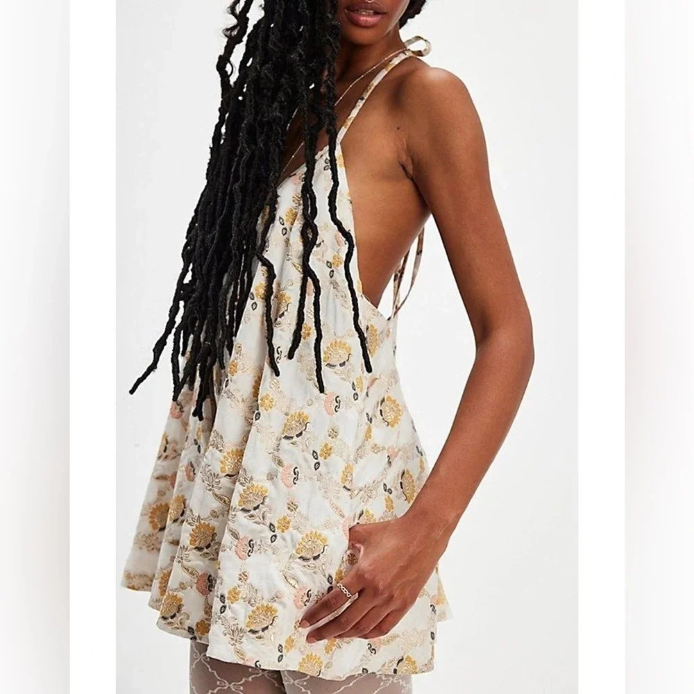 FREE PEOPLE CHIARA PLAYSUIT FLORAL EMBROIDERY PINK , CREAM AND GOLD ROMPER